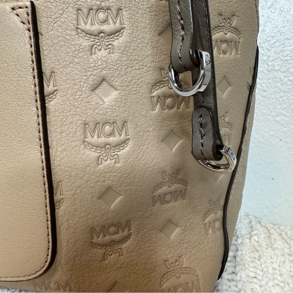MCM Beige/Tan Logo Embossed Leather Tote - Picture 2 of 14